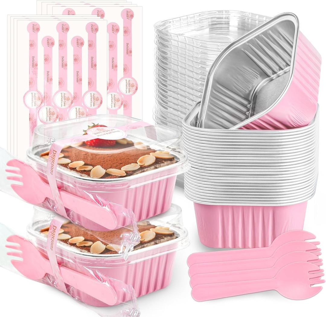 NPLUX 60 Pack Mini Cake Pans with Lids Mini Aluminum Pans, Disposable Loaf Pans Cupcake Liners with Lids for Pudding, Souffle, Party, Wedding, Mothers Day Party Favors(Pink, 5 oz)