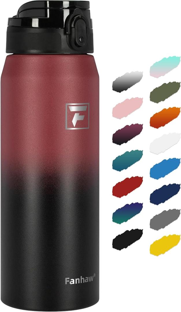 Fanhaw 24 Oz Insulated Stainless Steel Vacuum Water Bottle with Anti-Dust Pop-Open Lid - For Kids, Women, Men | Leak & Sweat Proof (Red Black)
