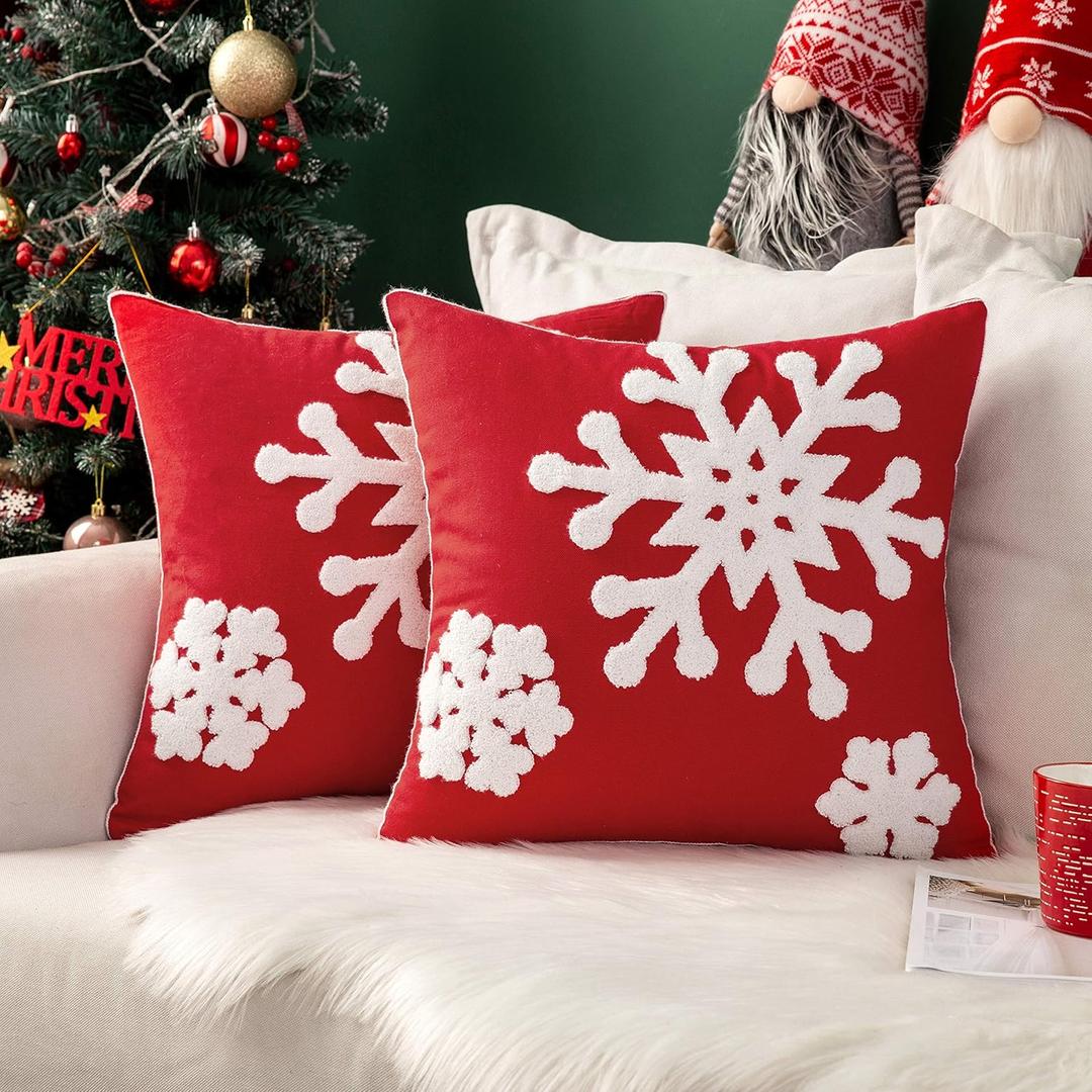 MIULEE Pack of 2 Christmas Decorative Snowflake Throw Pillow Covers Canvas Embroidery Winter Cushion Cases Holiday Decor Soft Pillowcases for Winter Couch Sofa Bedroom CarRed, 20x20in