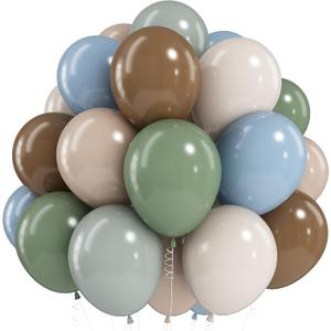 Sage Green Blue Brown Balloons, 60PCS Dinosaur Safari Dusty Blue Olive Green Coffee Beige Eucalyptus Latex Balloon Jungle Hunting Balloons for Woodland Dino Boho Baby Shower Birthday Party Decorations