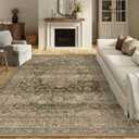 9x12 Washable Area Rug Green Brown Vintage Non Slip Soft Low Pile Rug for Living Room Bedroom Dining Room Office Distressed Oriental Indoor Large Throw Carpet for Home Decor