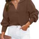 ZESICA Women's Fall Lapel Collar V Neck Long Sleeve Ribbed Knit Comfy Loose Casual Pullover Sweater Jumper Top (Brown, S)