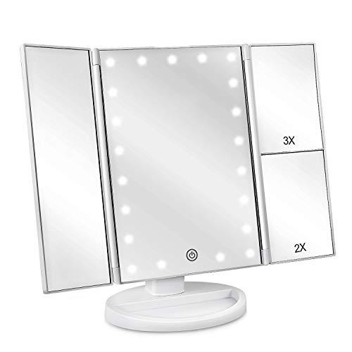 deweisn Floor Mount Tri-Fold Lighted Vanity Mirror with 21 LED Lights, Touch Screen and 3X/2X/1X Magnification, Two Power Supply Modes Make Up Mirror,Travel Mirror