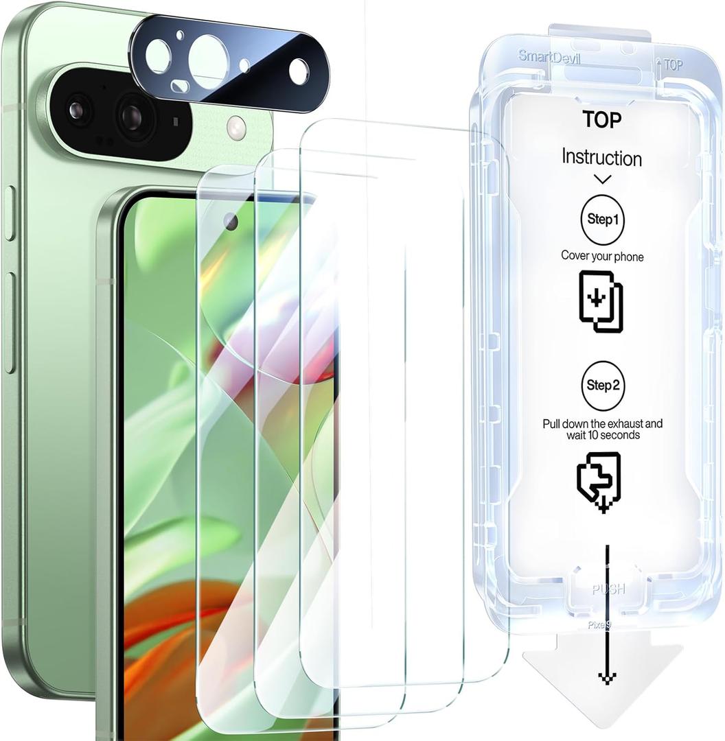 SMARTDEVIL 3 Pack Screen Protector for Google Pixel 9 with Camera Lens Protector, Finger Print Reader Compatible, Fast & Easy Installation, Clear 9H Tempered Glass Film, Alignment Frame