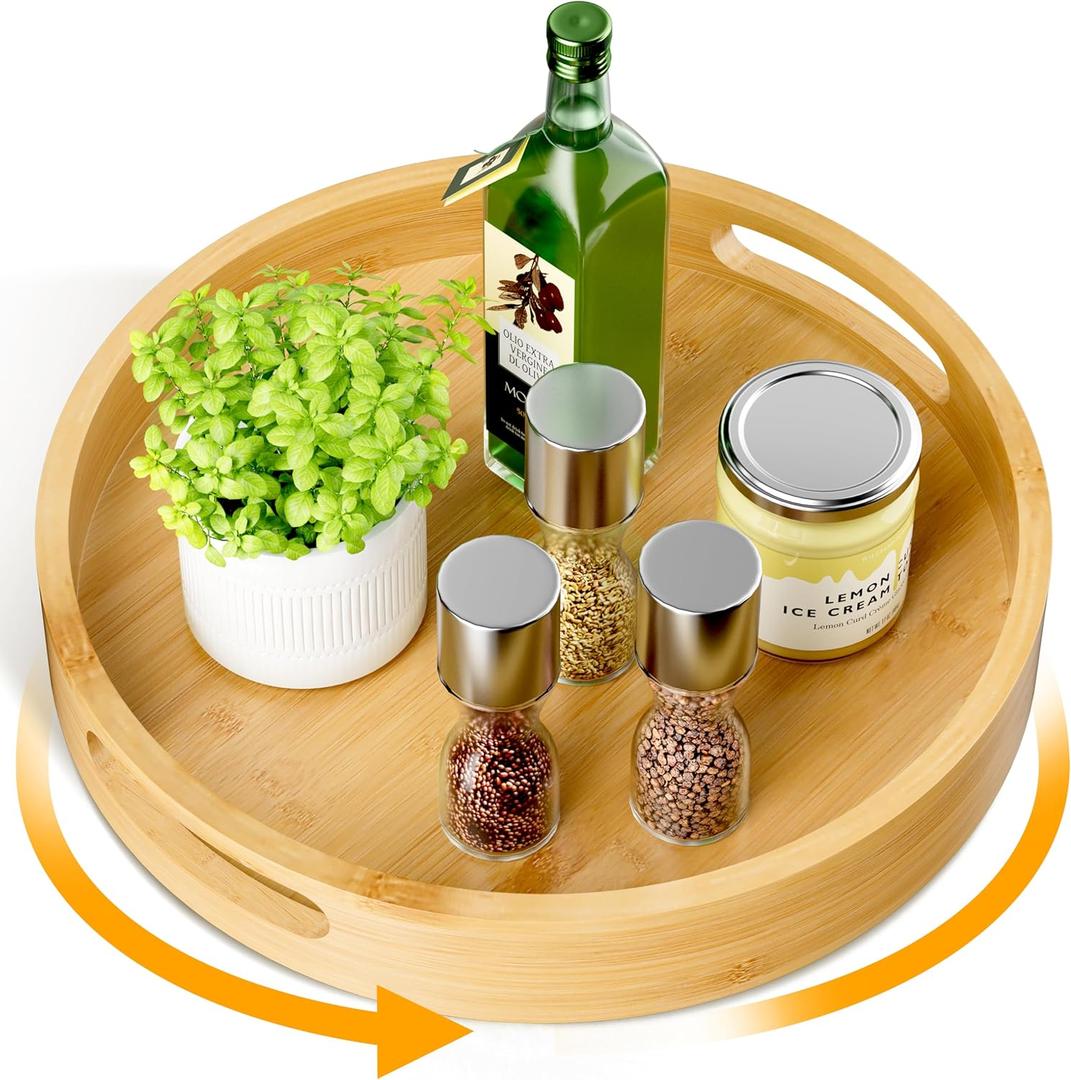 Lazy Susan Organizer Homerays 12 Inch Non-Skid Bamboo Lazy Susan for Kitchen Rotating Spice Rack with Handles, Wood Turntable for Kitchen Cabinet,Countertop (Bamboo, Medium), 12" High Rim Bamboo