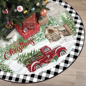 Blosssound Christmas Tree Skirt Buffalo Plaid Retro Red Truck Xmas Tree Skirt for Winter Holiday Farmhouse Christmas Party Decoration(48 Inch,Truck,Black White)