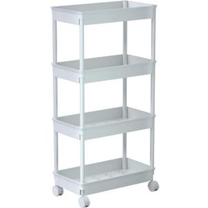 Sooyee 4 Tier Wide Storage Cart Mobile Shelving Unit Organizer Slide Out Storage Rolling Utility Cart Tower Rack for Kitchen Bathroom Laundry, Plastic & Stainless Steel,White