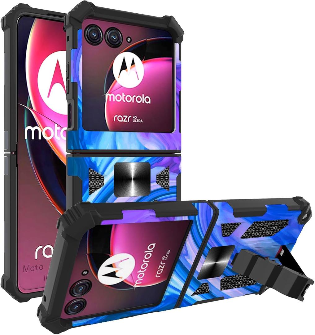 Ailiber Case for Moto Razr Plus 2024, Heavy Duty, Shockproof Protective Rugged Cover with Kickstand and Magnetic Car Mount - Purple Blue