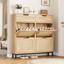 Jocoevol Rattan Shoe Cabinet for Entryway with 4 Flip Drawers & 2 Top Drawers, Freestanding Narrow Shoe Storage Cabinet with Metal Legs for Foyer, Hallway (Natural)