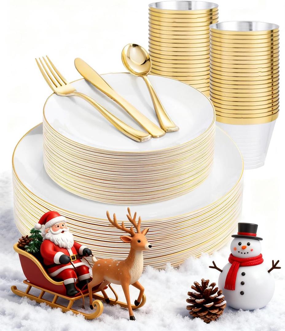 WDF 150Pcs White and Gold Plastic Plates - Gold Plates Disposable - 25guest Disposable Dinnerware Include 25 Dinner Plate, 25 Dessert Plate, 25 Cutlery & 25 9oz Cups for Wedding & Christmas Party