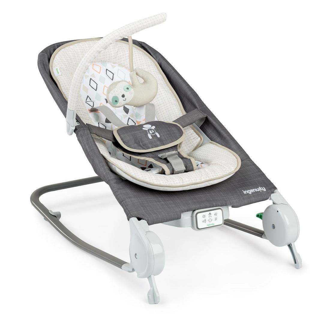 Ingenuity Gas Relief and Anti-Colic Baby Bouncer Seat and Rocker, Gentle Belly Massage to Relax and Soothe Bellies, Instant Tummy Soother, 20 Songs and Melodies – Parker