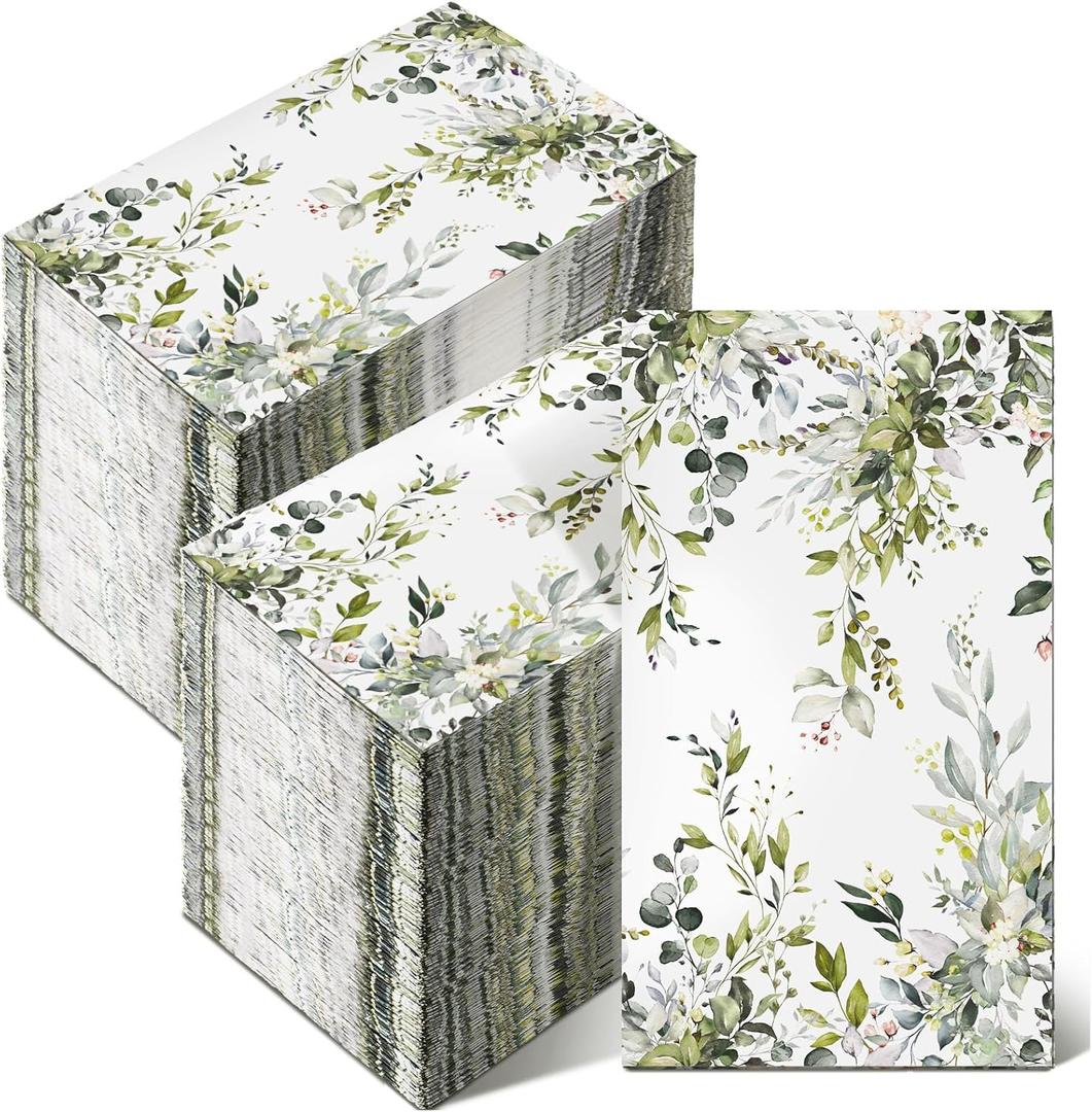 Seajan 200 Pcs Paper Guest Napkins Disposable Hand Towels for Bathroom Paper Disposable Guest Towels Napkins for Spring and Summer Wedding Bathroom Birthday Dinner Party(Green Eucalyptus Leaves)