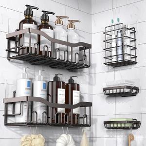 EUDELE 5-Pack Rustproof Stainless Steel Shower Caddy Set No Drill Adhesive Bathroom Organizer, Space-Saving Shower Shelves for Apartment Essentials, Bathroom/Kitchen Storage Home Decor-L Size (Dark Brown-5pcs)