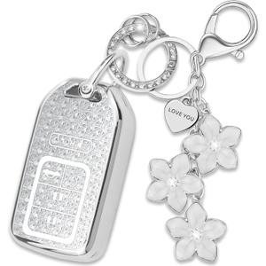 Silver TPU Key Fob Cover with Sakura Flower Keychain Compatible with Honda Accord Civic CR-V Pilot Passport Insight CR-Z HR-V Fit JED Spirior Odyssey Ridgeline 5-Button Smart Key for Women