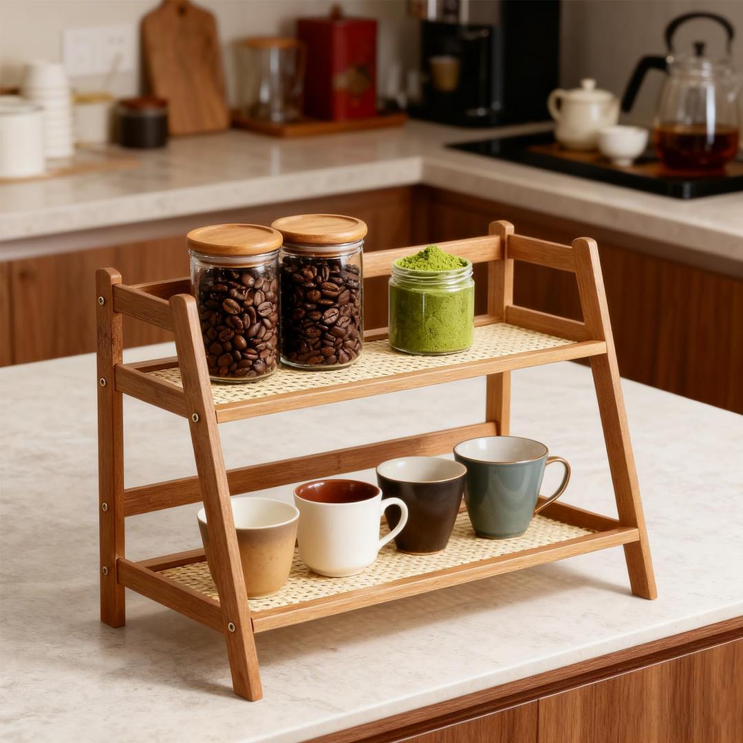 Wicker Look Matcha Station Organizer, 2 Tier Bamboo Mug Holder Countertop, Kitchen Counter Shelf for Tea Coffee Bar Accessories, Matcha Stand, Cup Display