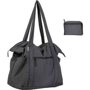 Ultra Light Packable Tote Bag Nylon for Travel, Lightweight Polyester Foldable Totes with Zipper, 25L Collapsible Compact Dark Grey, Gifts for Christmas