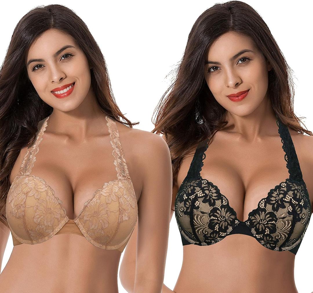 Curve Muse Women's Plus Size Add 1 and a Half Cup Push Up Convertible Lace Bras (36DD)