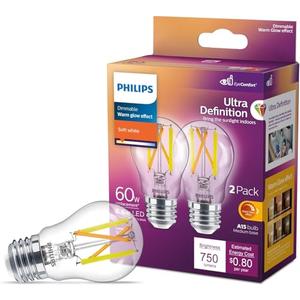 Philips LED 60W A15 2-Pack Ultra Definition Soft White (2700K) 750 Lumen (6.6W = 60W) Dimmable Clear Flicker-Free Light Bulbs