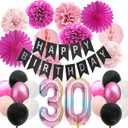 30th Birthday Decorations for her -Happy 30 Years birthday Party Supplies for Women with Black Pink Balloons and Paper Banner Fans Decors (30th black + pink), 12 Inches