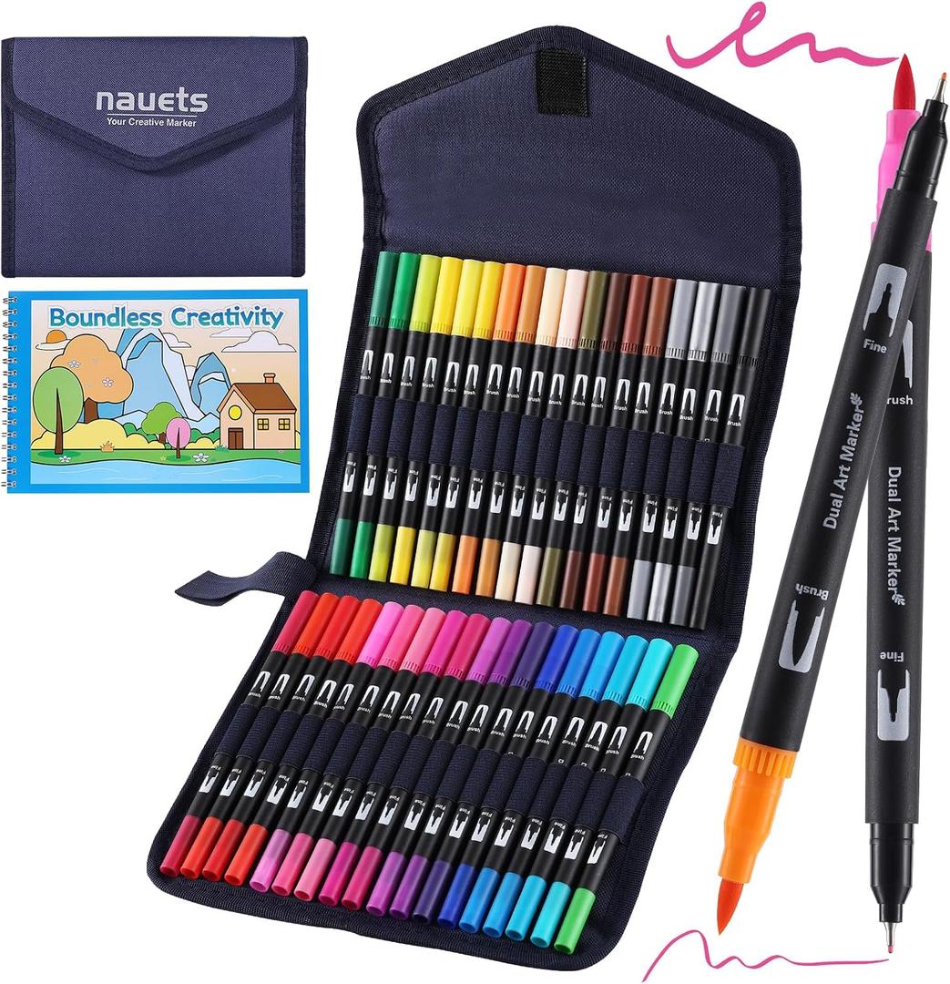 nauets 36 Colors Watercolor Markers with Coloring Book Set Brush & Fine Dual Tip No Bleeding Professional Paint Pens For Drawing Note taking Planner Calligraphy Journaling Card Making Art Supplies