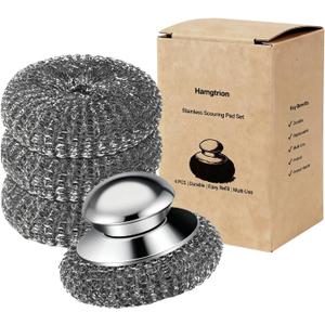 Steel Wool Scrubber, 4-Pack Stainless Steel Scrubber Pads with Handle - The Ultimate Scouring Solution for Rust, Stubborn Messes on Cookware, Grill, Oven & Kitchen Sinks