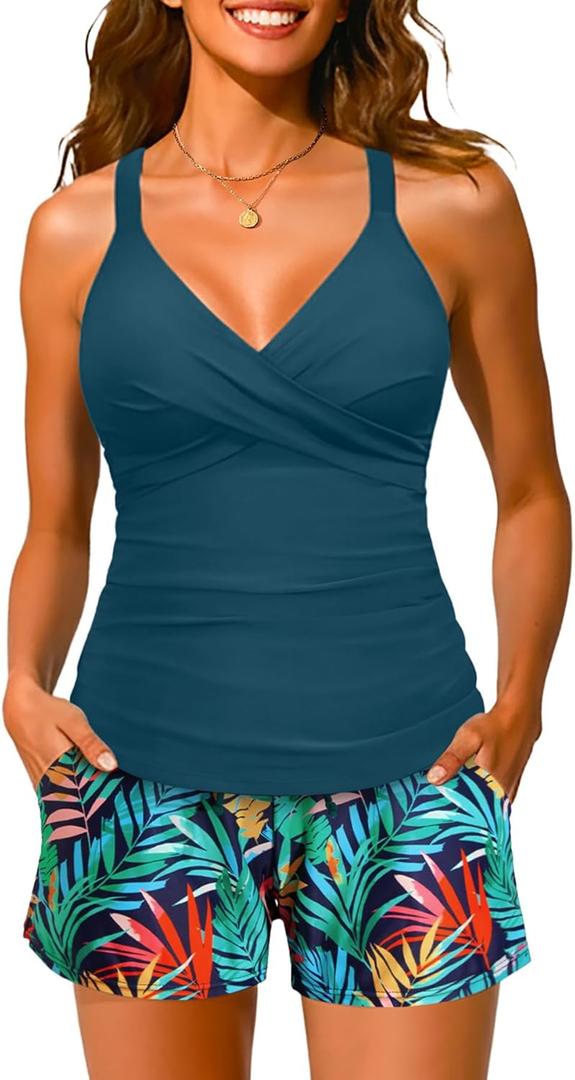 Yonique Women Underwire Tankini Swimsuit with Shorts - Two Piece Tummy Control Bathing Suit 2025 Swimwear with Pockets (Medium, Colorful Leaves)
