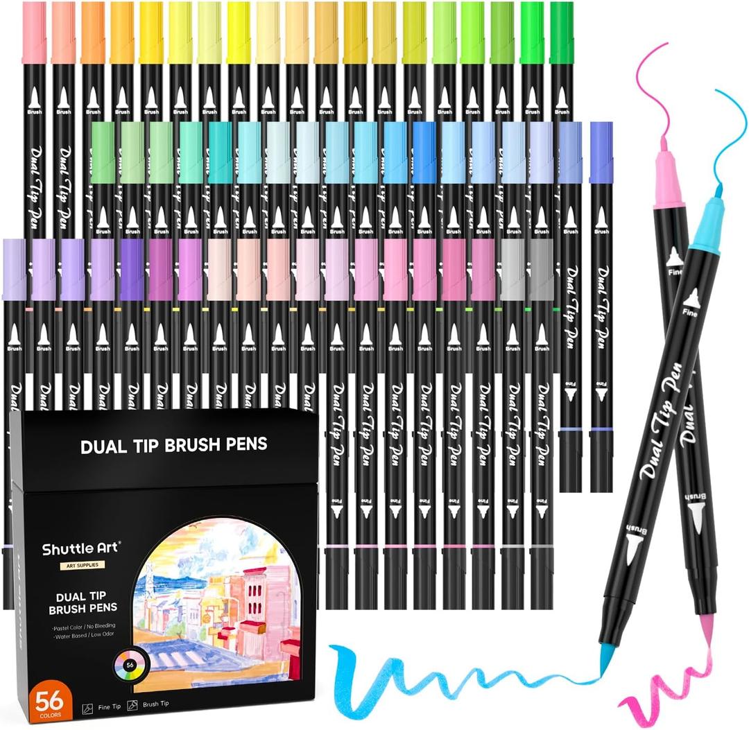 Shuttle Art Pastel Brush Pens, 56 Pastel Colouring Pens, Dual Tip Brush Markers with Fineliner Tip, Drawing Felt Tip Pens for Adults Colouring Books, Painting Sketching Calligraphy and Journaling