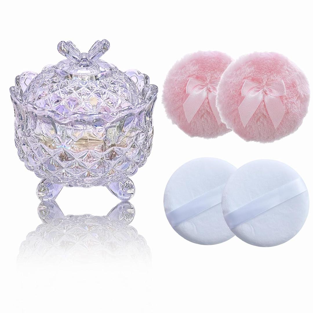 5 Pieces Large Body Powder Puff and Powder Container, Crystal Case for Dust Puff, Powder applicator with Box for Face and Body (Glitter, Butterfly)