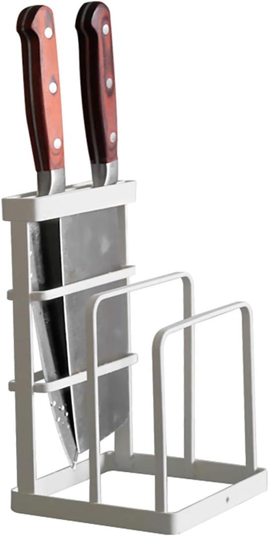 VANRA Metal Knife Block Without Knives, Multifunctional Knife Holder with 2 Layers Cutting Board Rack Dish Rack, Kitchen Storage Organizer,White (4.7"L X 5.5"W X 8.5"H - Without Draining Tray)