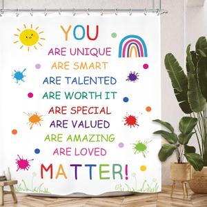 Positive Quotes Kids Shower Curtain 60Wx72L Inch Inspirational Motivational Child Nursery Colorful Bathroom Set Accessories Decor with 12 Pack Hooks