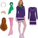 Halloween Costume Women Long Sleeve Adult Purple Dress with Wig Scarf Headband Socks (Small)