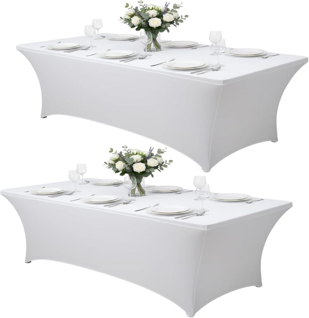 2 Pack 8FT Rectangular Spandex Tablecloth,Wrinkle Resistant Fitted Cover for 96x30 inch Banquet Table Cloth, Washable Stretch Fabric for Party, Events, Wedding, Vendor - White