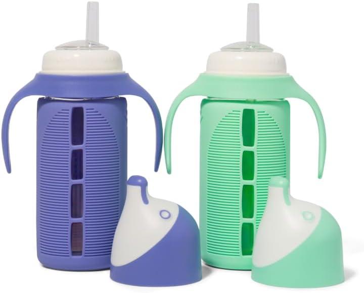 Tabor Place Set of 2 - Glass Sippy Cup for Toddlers - The Luca | Mint Green & Indigo Purple | Spill-Proof | Silicone Straw | 8 oz | Liquids Never Touch Plastic | Removable Handles
