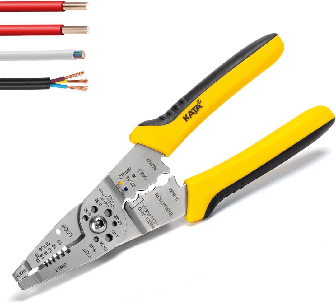 KATA 8-Inch Wire Stripper Tool - Professional Wire Stripping, Cutting & Crimping Pliers for 10-22 AWG Solid & Stranded Wire - Heavy Duty Electrician Hand Tool with Non-Slip Grip
