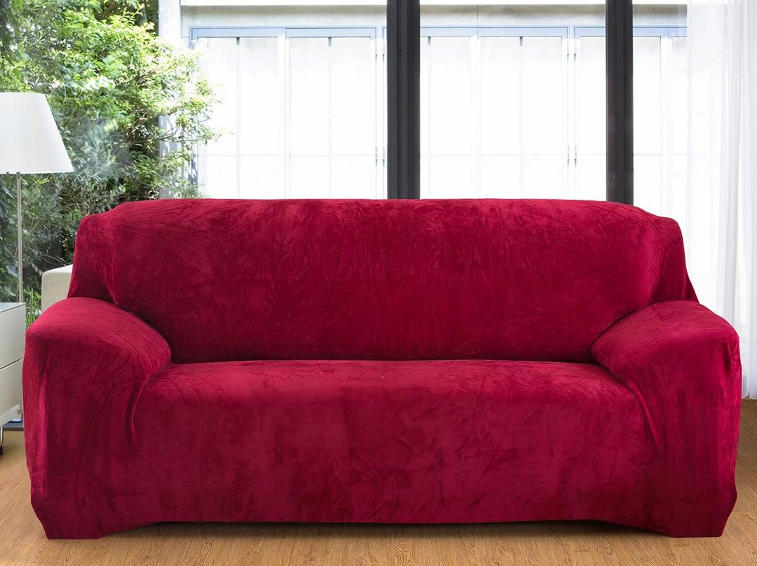 vctops 1-Piece Velvet Plush Stretch Loveseat Sofa Slipcover with Elastic Bottom Soft Fuzzy Fluffy Sofa Covers for 2 Cushion Couch Furniture Protector for Kids, Pet (Wine Red, Loveseat)