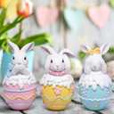 Hodao Easter Bunny Figurines Set of 3  5.3" Hand-Painted Resin Decorations with Pastel Easter Egg Design  Perfect for Spring Dcor, Tabletops, and Festive Displays (Color 3pcs)