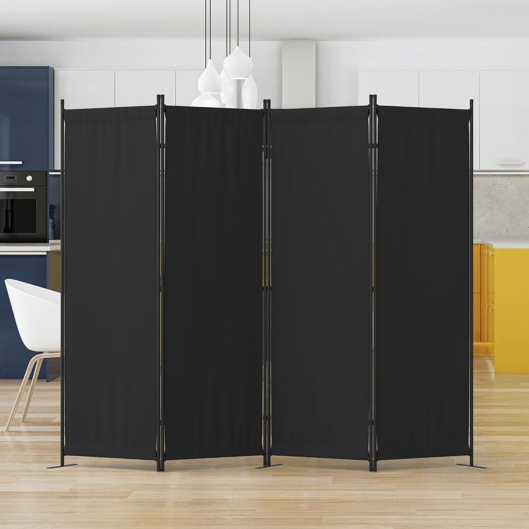 Room Divider 4 Panel Partition Room Dividers & Folding Privacy Screens with 3 Metal Feet6FT Portable Wall Doubles as a Dressing ScreenTemporary Wall for Office Kitchen Children's Room (Black)