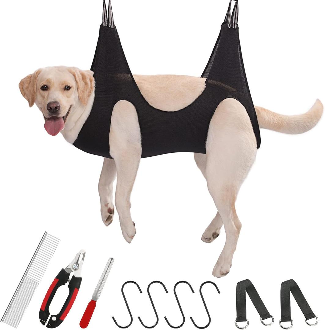 Guzekier Pet Dog Grooming Hammock Harness for Cats & Dogs, Dog Sling for Grooming, Dog Hammock Restraint Bag with Nail Clippers/Trimmer, Nail File, Pet Comb,Ear/Eye Care (LWeight45-80LB)
