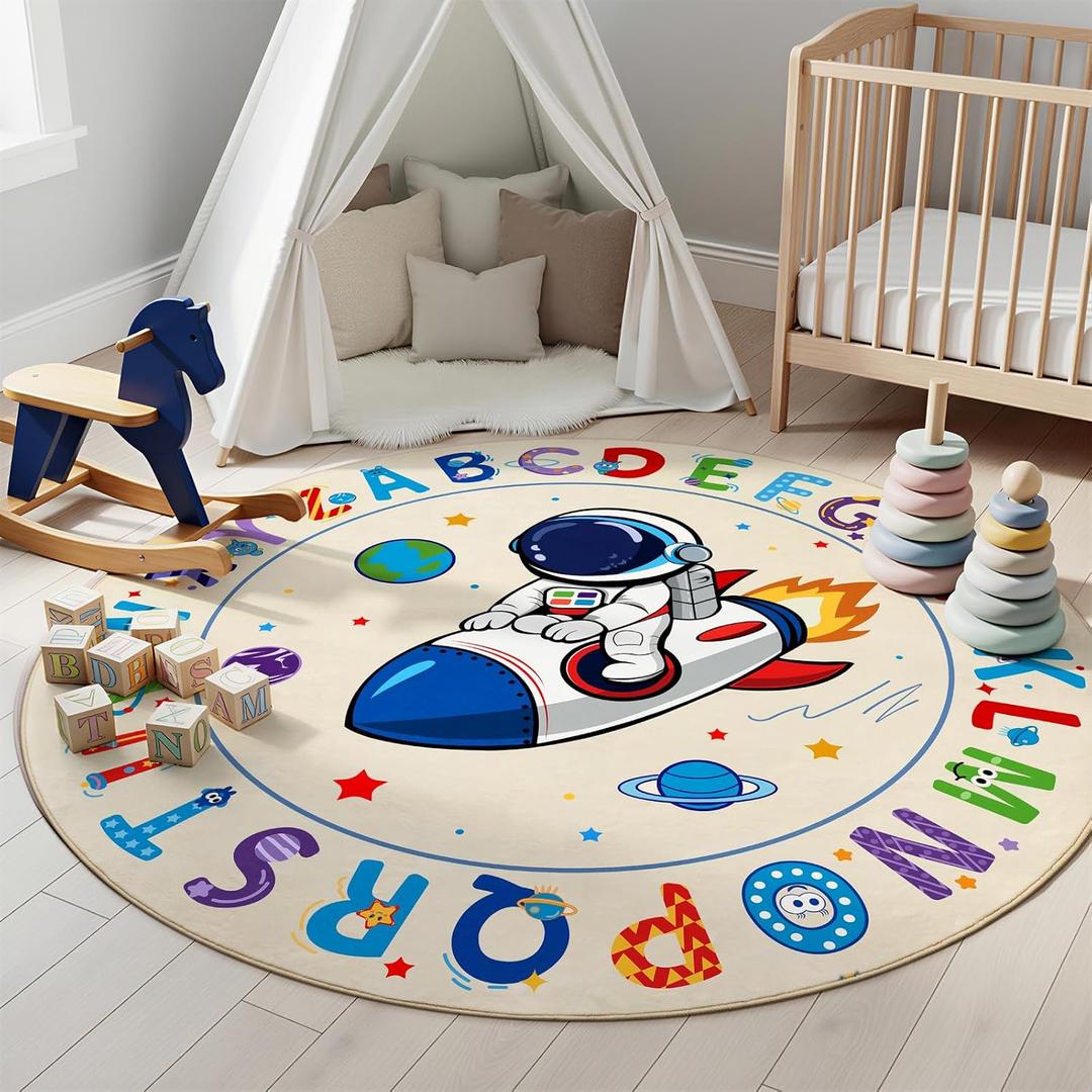 ABC Kids Alphabet Round Rug 6ft Washable Soft Circle Nursery Rug, Non-Slip Educational Carpet with Space Astronaut Design for Classroom, Playroom & Kids Room Decor Blue
