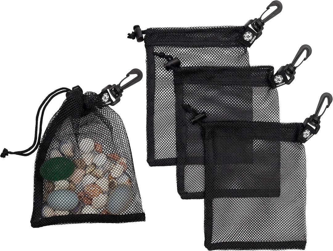 PALTERWEAR Mesh Drawstring Bag With Clip and Toggle Closure - For Watersports, Outdoor, Gym - Multi-Use Set of 4 (Black, 6 x 8 inch)