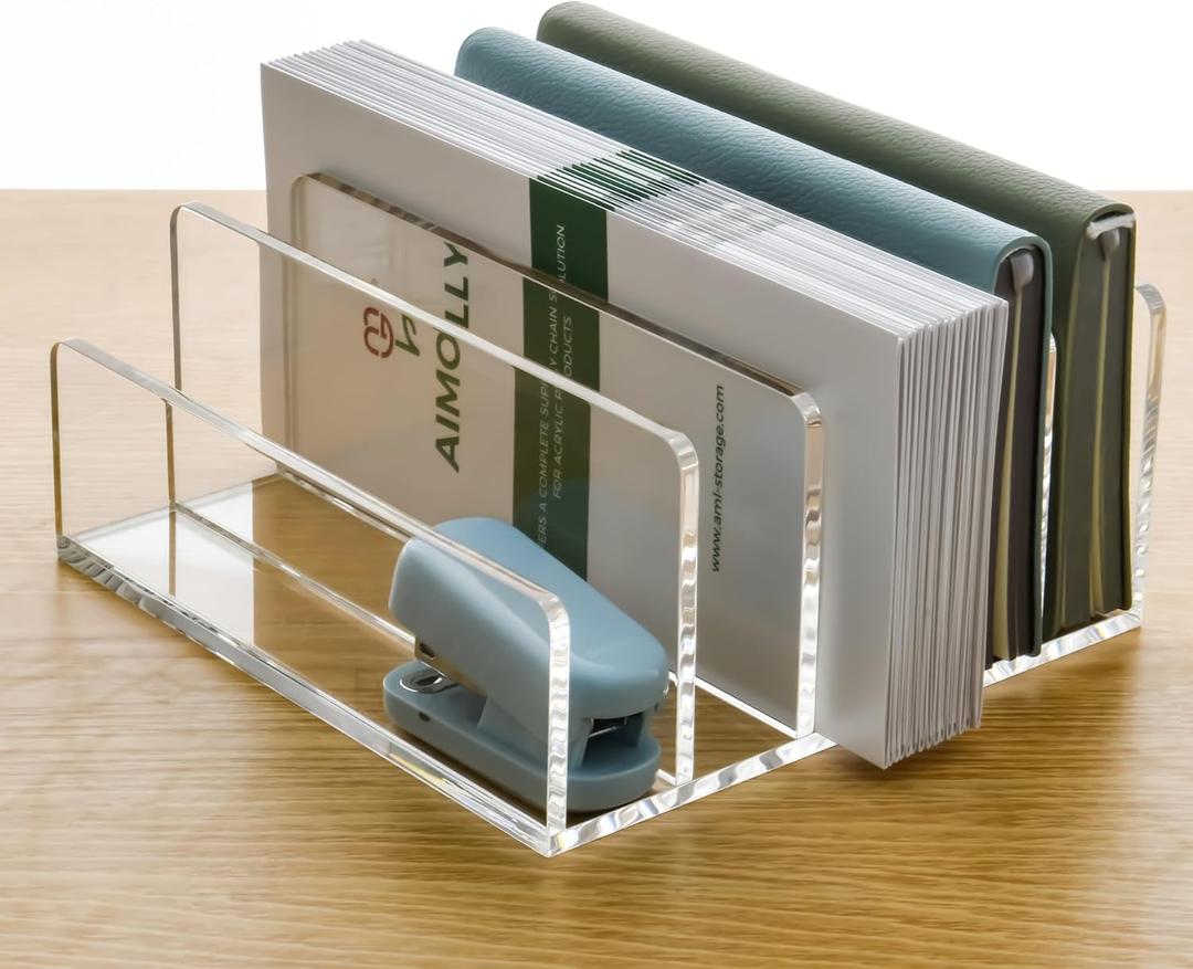 5 Compartments Clear Acrylic Mail Holder  Vertical Letter Sorter & Multifunction Desk Organizer for Bills, Documents, Notebooks  Modern Office/Home Envelope File Rack