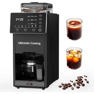 Coffee Maker with Grinder, Programmable Hot and Cold Coffee Maker with 22 oz Glass Carafe, Fully Automatic Coffee Machine with Timer, Removable Filter, Black Americano Coffee Machine