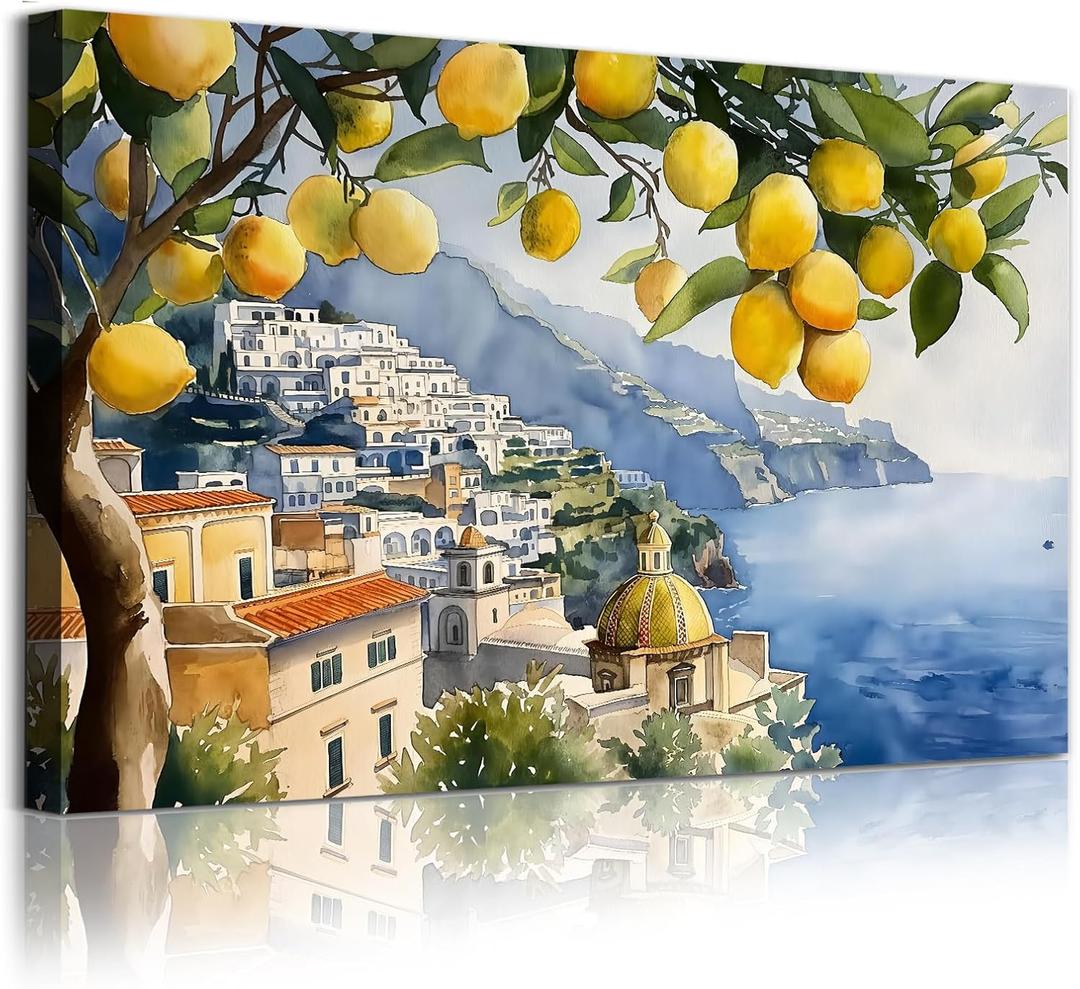 Lemon Tree Canvas Wall Art Beach Landscape Painting Italian Coastal Poster Vintage Lemon Artwork Italian Beach Picture Seaside Artwork for Walls Italy Amalfi Coast Wall Art for Room 16x24inch Framed