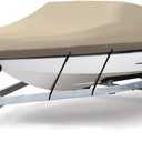 Heavy Duty Oxford Ployester Made Trailerable Boat Cover,Fits V-Hull,Tri-Hull, Runabout Boat Cover (Model E - Length:20'-22' Beam Width: up to 100", Beige)