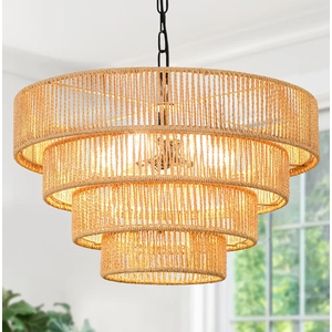 ILLMTW Rattan Chandeliers for Dining Room Light Fixture Boho Pendant Light Farmhouse Black Chandeliers Over Table 6 Light with Large Bamboo Wicker Lamp Shade for Dining Room Kitchen Islan Bedroom