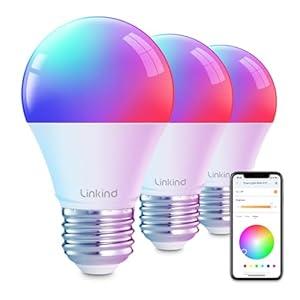Linkind Smart Light Bulbs, Smart Bulb That Work with Alexa & Google Home, LED Light Bulbs Color Changing, 104 Preset Scene, Music Sync, A19 E26 2.4GHz RGBTW WiFi Bluetooth Light Bulb 60W, 800LM, 3 Pack