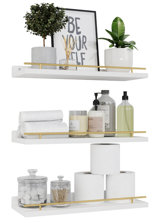 WOPITUES Floating Shelves with Gold Metal Guardrail, Shelves for Wall Decor Set of 3, Wall Shelves for Bedroom, Bathroom, Kitchen, Living Room, Plants, Picture Frames, Art Black and Gold
