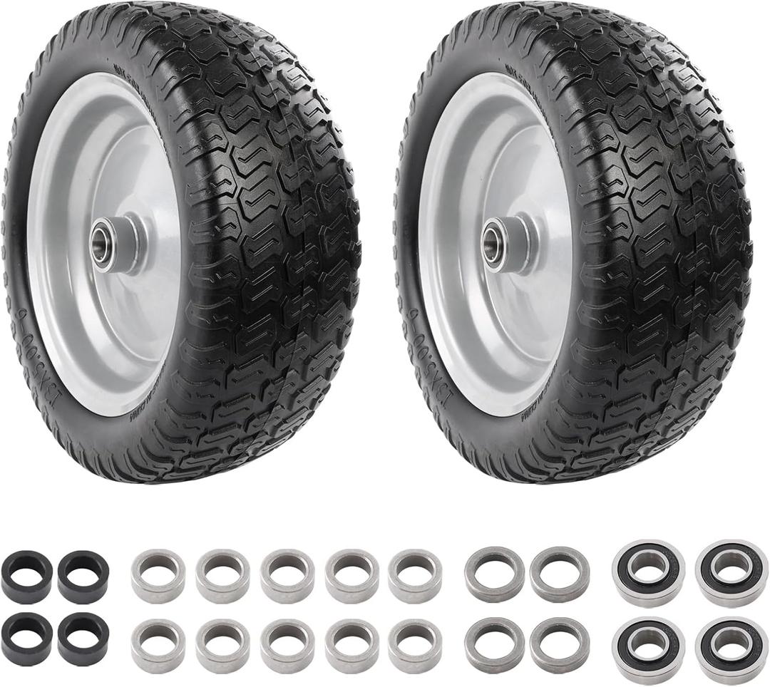 HQPASFY 2 Pack 13x5.00-6 Flat-Free Tire & Wheel, 13x5-6 Mower Front Tires With 3/4" & 5/8" Bearings, 3" Centered Hub, Replacement for Lawn Mowers
