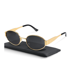 livho Retro Polarized Sunglasses - UV400 Protection, Oval Shape, Metal Frames - Matching Soft Case Inlcuded