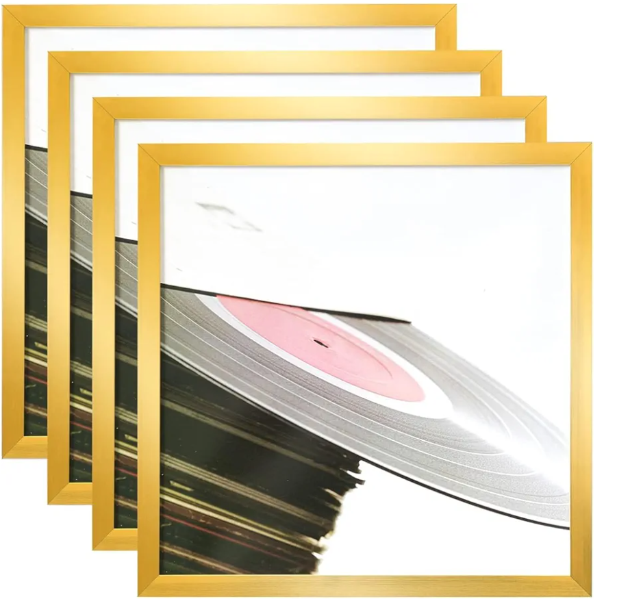 Eletecpro 12.5x12.5 Record Frame Gold Vinyl Frames Set of 4 Made of PVC with Acrylic Cover, Displays 12 Inch LP by Hanging, Lightweight and Sturdy Album Frames for Home Wall Decor